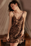 Leopard Print Spaghetti Straps V-Neck A-Line Short Nightgown and Robe Set