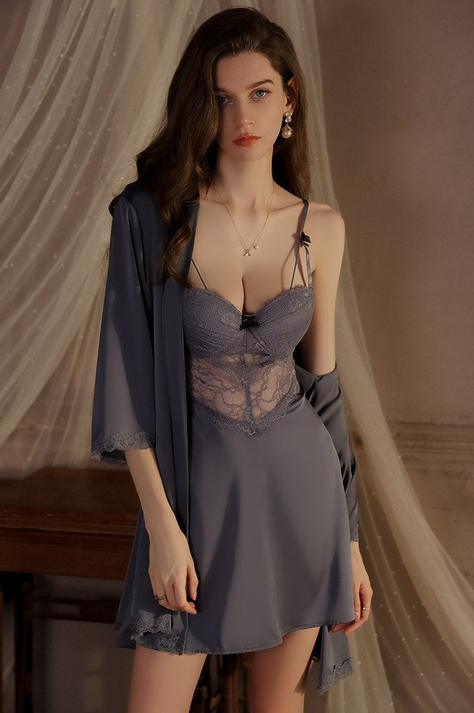 A-Line Empire-Waist Sleeveless Appliques Spaghetti Straps Short Nightgown and Robe Set