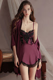 Spaghetti Strap V-Neck with Padded Cups Sweet Lace and Silky Satin Nightgown Robe Set