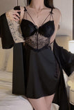 Cute A-Line Lace Appliques V-Neck Short Nightgown and Robe Set