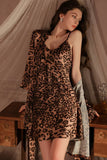 Leopard Print Spaghetti Straps V-Neck A-Line Short Nightgown and Robe Set