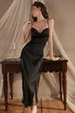 Elegant Spaghetti Straps Pleats Satin Illusion Long Nightgown and Robe Set