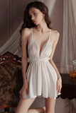 Plunging V-Neck Satin Spaghetti Straps A-Line Empire-Waist Short Nightgown and Robe Set