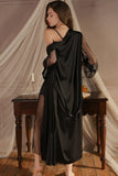 Elegant Spaghetti Straps Pleats Satin Illusion Long Nightgown and Robe Set