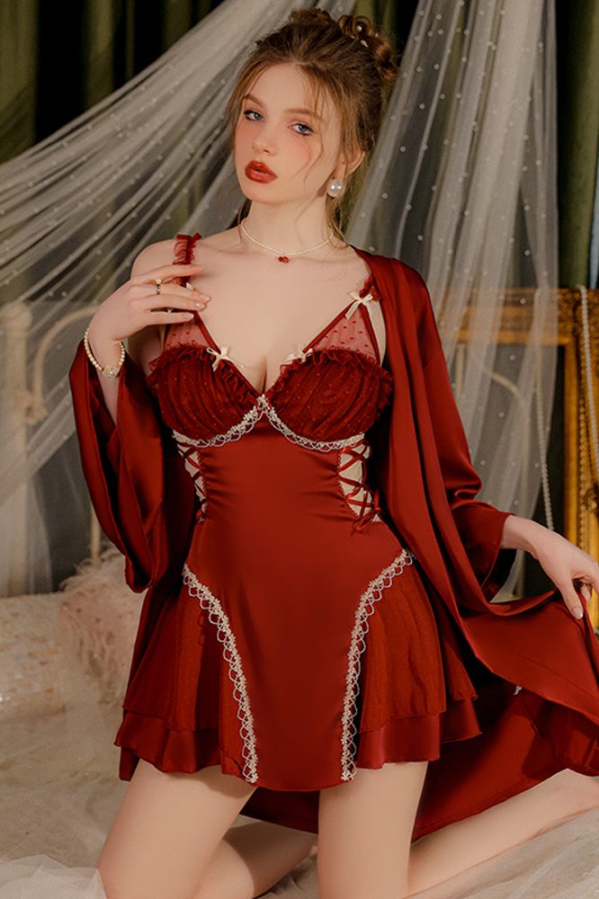 A-Line Straps V-Neck Cutout Appliques Lace-Up Nightgown and Robe Set