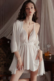 Plunging V-Neck Satin Spaghetti Straps A-Line Empire-Waist Short Nightgown and Robe Set