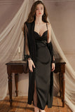 Elegant Spaghetti Straps Pleats Satin Illusion Long Nightgown and Robe Set