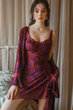 Luxury Butterfly Print Sweet Lace Deep V-Neck Padded Nightgown Robe Set