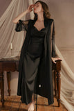 Elegant Spaghetti Straps Pleats Satin Illusion Long Nightgown and Robe Set