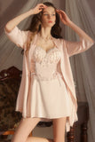 Spaghetti Straps Lace Appliques Sweetheart Sleeveless Short Nightgown and Robe Set