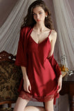 Spaghetti Straps V-Neck Satin Short Nightdress with Robe Set