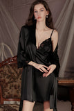 Spaghetti Straps Deep V-Neck Satin Slit Short Nightdress Robe Set