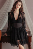 Spaghetti Straps Lace Appliques V-Neck Short Nightgown and Lace Robe Set