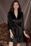 Spaghetti Straps Deep V-Neck Satin Slit Short Nightdress Robe Set