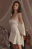 A-Line Deep V-Neck Satin Straps Backless Nightgown and Robe Set