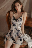 Sexy V-Neck Padded Butterfly Print Velvet Spaghetti Straps Nightgown Robe Set