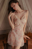 Sweet Spaghetti Straps V-Neck Floral Print A-Line Appliques Short Nightgown