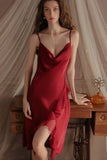 Spaghetti Straps Cowl Neck Ruffles Knee Length Nightdress with Slit and Robe Set