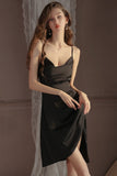 Classy Spaghetti Straps Cowl Neck High Slit Knee Length Satin Nightgown