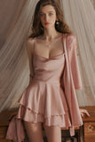 Classic Spaghetti Straps Cowl Neck Satin Tiered Nightgown and Robe Set