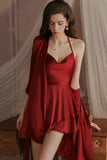 Classic Spaghetti Straps Cowl Neck Satin Tiered Nightgown and Robe Set