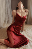 Elegant Spaghetti Straps Pleats Satin Illusion Long Nightgown and Robe Set