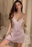 Lilac Spaghetti Straps Print V-Neck Lace Appliques Short Nightgown and Robe Set
