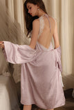 Lilac Spaghetti Straps Print V-Neck Lace Appliques Short Nightgown and Robe Set