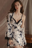 Sexy V-Neck Padded Butterfly Print Velvet Spaghetti Straps Nightgown Robe Set