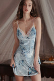 Sexy V-Neck Padded Butterfly Print Velvet Spaghetti Straps Nightgown Robe Set