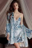 Sexy V-Neck Padded Butterfly Print Velvet Spaghetti Straps Nightgown Robe Set