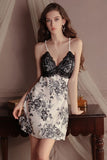 Sexy V-Neck Spaghetti Straps Print Lace Appliques Short Nightgown