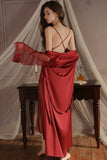 Elegant Spaghetti Straps Pleats Satin Illusion Long Nightgown and Robe Set