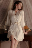 A-Line Empire-Waist Spaghetti Straps Satin Short Nightgown and Robe Set