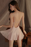 Simple A-Line Spaghetti Straps V-Neck Satin Sleeveless Short Nightgown