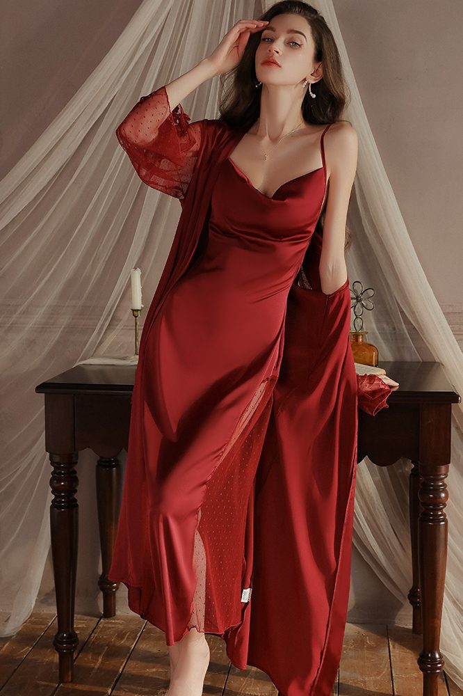Elegant Spaghetti Straps Pleats Satin Illusion Long Nightgown and Robe Set