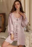 Lilac Spaghetti Straps Print V-Neck Lace Appliques Short Nightgown and Robe Set