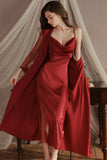 Elegant Spaghetti Straps Pleats Satin Illusion Long Nightgown and Robe Set