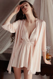 Plunging V-Neck Satin Spaghetti Straps A-Line Empire-Waist Short Nightgown and Robe Set