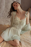 Cute A-Line Straps Satin with Lace Backless Nightgown and Robe Set