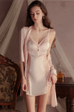 V-Neck Spaghetti Straps A-Line Lace Appliques Short Nightgown and Robe Set