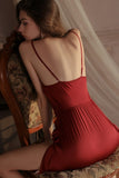 Classy Spaghetti Straps Cowl Neck High Slit Knee Length Satin Nightgown