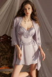 Spaghetti Straps Lace Appliques Sweetheart Sleeveless Short Nightgown and Robe Set