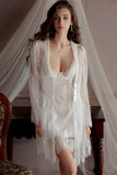 Spaghetti Straps Lace Appliques V-Neck Short Nightgown and Lace Robe Set