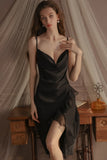 Spaghetti Straps Cowl Neck Ruffles Knee Length Nightdress with Slit and Robe Set