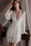 Spaghetti Straps Lace Appliques V-Neck Short Nightgown and Lace Robe Set