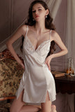 Spaghetti Straps Deep V-Neck Satin Slit Short Nightdress Robe Set