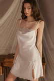 Simple A-Line Slit Sleeveless Satin Short Nightgown and Robe Set