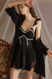Cute A-Line Straps Satin with Lace Backless Nightgown and Robe Set