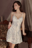 Sexy V-Neck Spaghetti Straps Print Lace Appliques Short Nightgown